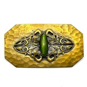 XL Art Nouveau Brass Brooch with Green Foil-Back Glass Stone — EUC